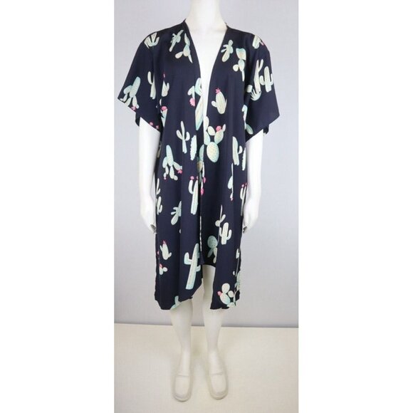 FILLY FLAIR - WOMEN'S BLUE CACTUS PRINT SILKY TEXTURED DUSTER TOP  - SIZE S - Picture 2 of 8